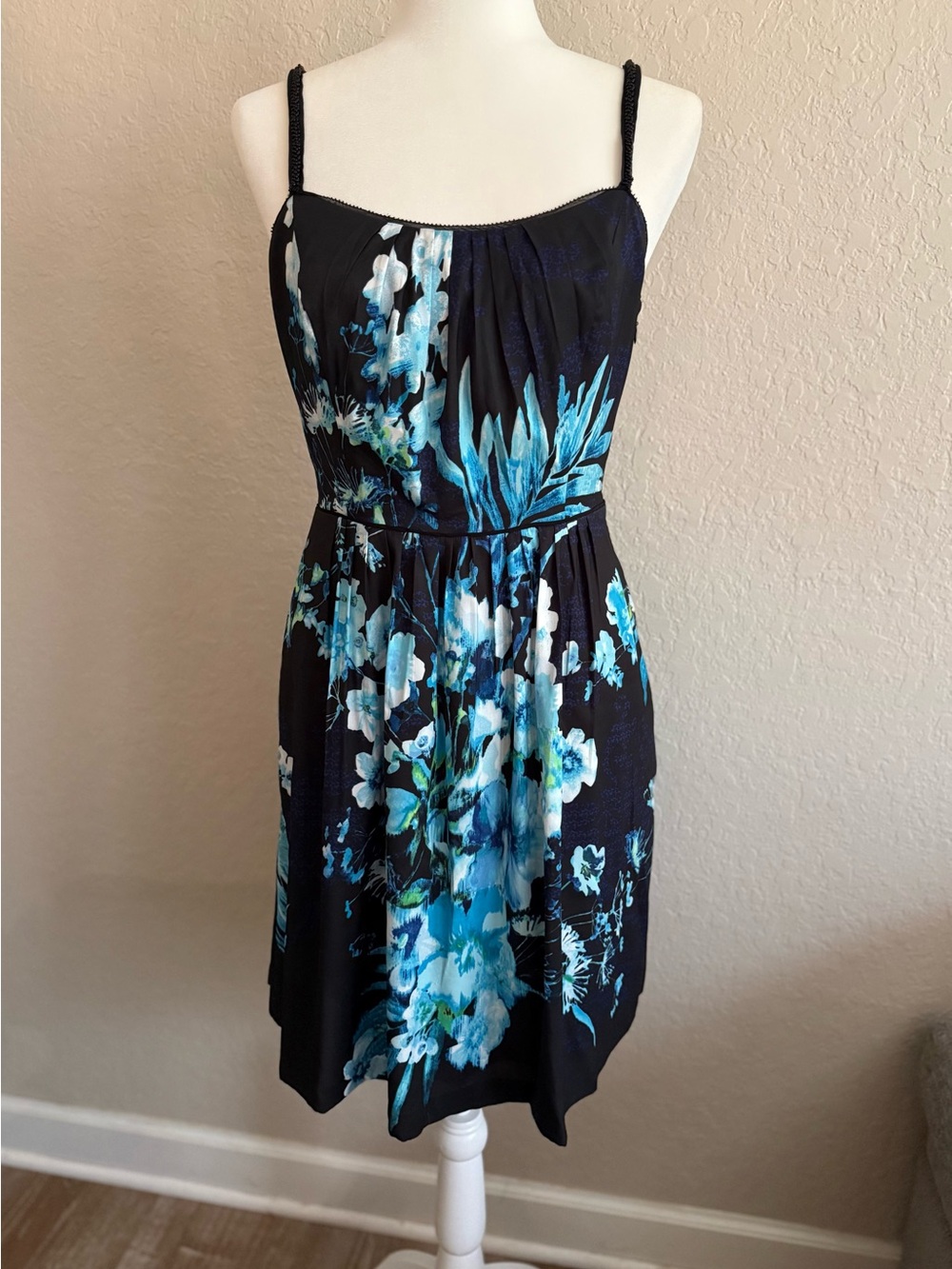 White House Black Market Black Dress with Aqua Floral Print & Beaded Strap